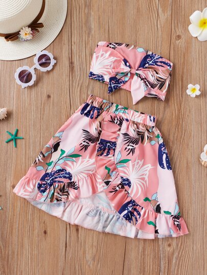 تنورة مع لباس علوي بدون اكتاف بربطة قوس وبطباعة استوائي للبنات الصغار