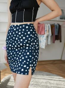 ROMWE Ditsy Floral Slit Mini Skirt - Black - View 5