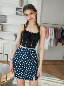 ROMWE Ditsy Floral Slit Mini Skirt - Black - View 6