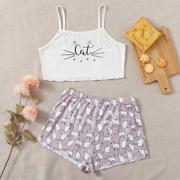 

Letter And Cat Print Cami Pajama Set, Multicolor