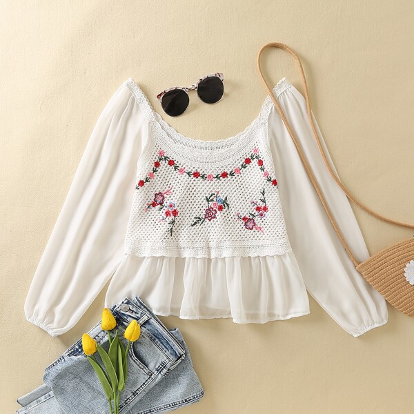 

Floral Embroidery Ruffle Hem Blouse, White