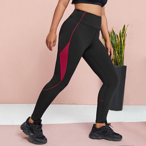 

Plus Contrast Panel Sports Leggings, Black