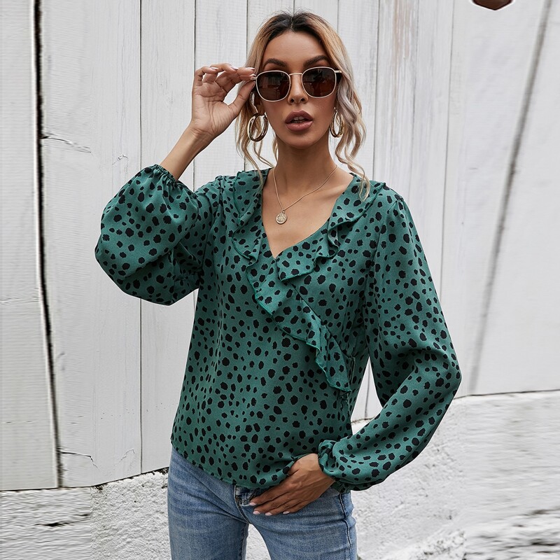 

Ruffle Trim Bishop Sleeve Blouse, Dark green