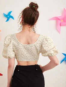 SHEIN Tie Front Puff Sleeve Polka Dot Crop Top - Beige - View 2