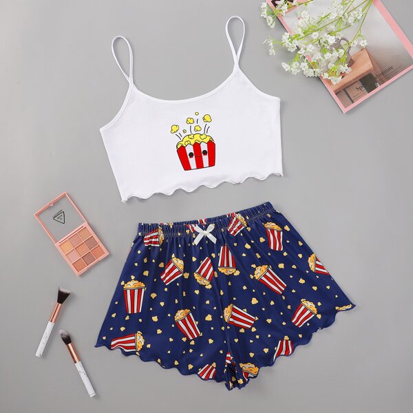 

Popcorn Print Scallop Trim Pajama Set, Blue and white
