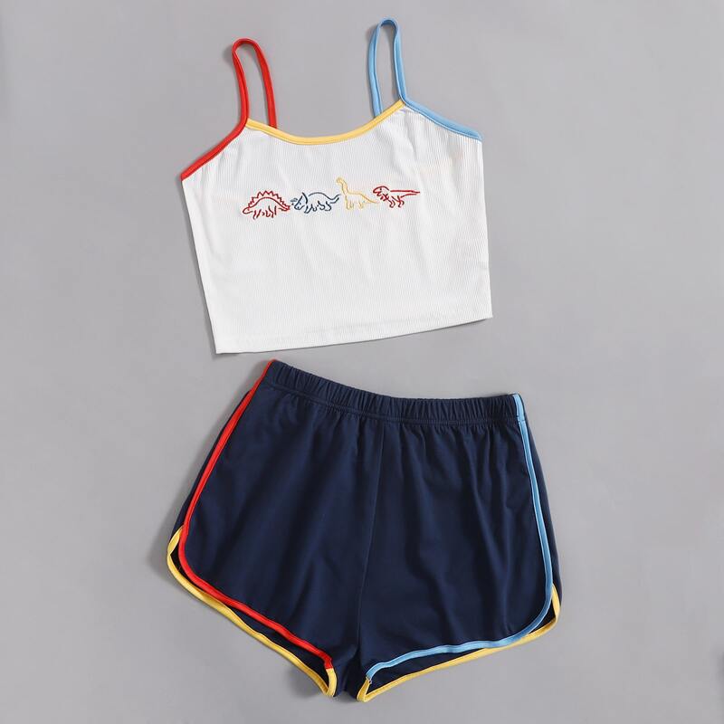 

Cartoon Dinosaur Embroidery Ribbed Cami & Track Shorts, Multicolor