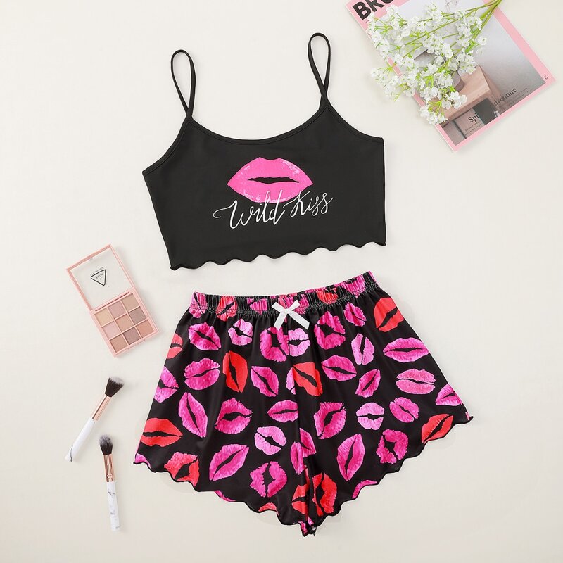 

Lip And Letter Graphic Pajama Set, Black