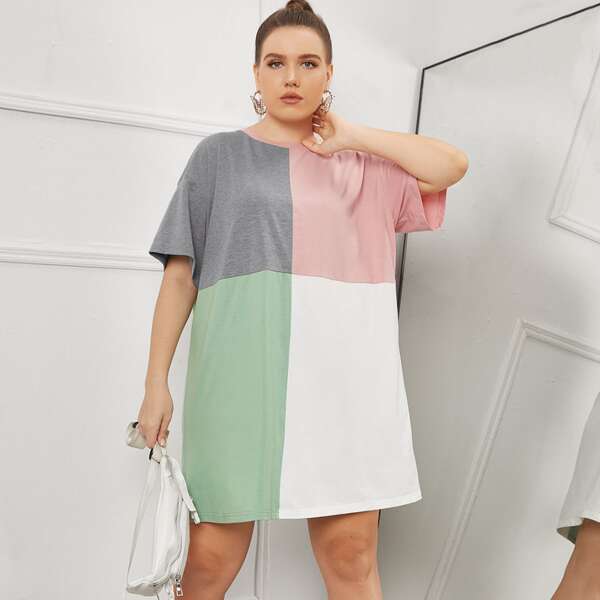 

Plus Drop Shoulder Colorblock Dress, Multicolor
