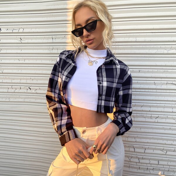 

Plaid Button Up Super Crop Blouse, Blue and white