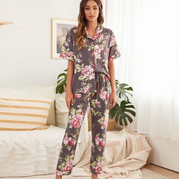 

Floral Print Binding Pocket PJ Set, Multicolor
