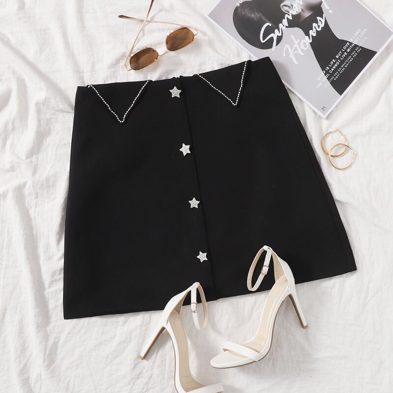 

Rhinestone Star Button Front Skirt, Black