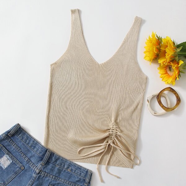 

Drawstring Knot Ribbed Knit Top, Apricot