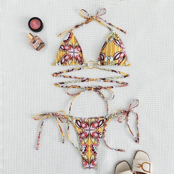 

Plant Print Ring Linked Triangle Bikini Swimsuit, Multicolor