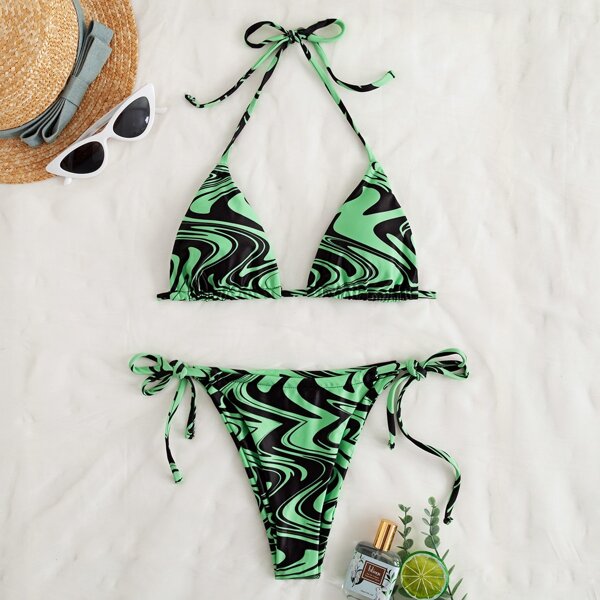 

Abstract Fluid Pattern Halter Bikini Swimsuit, Green