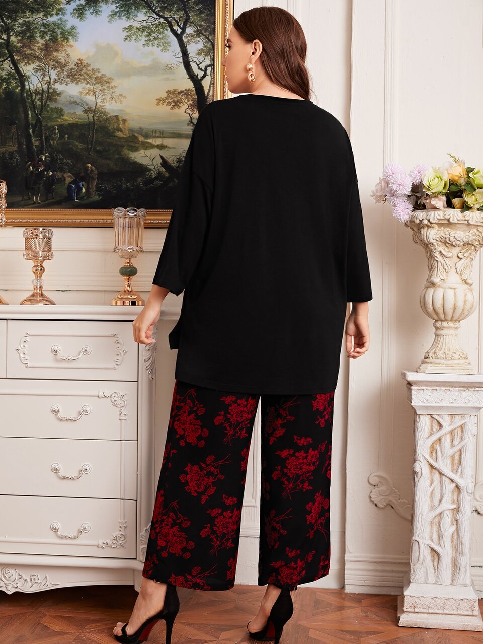 Plus Tape Front Top & Floral Pants Set