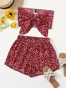 Soleia Tie Front Allover Tube Top & Shorts Set - Burgundy - View 1