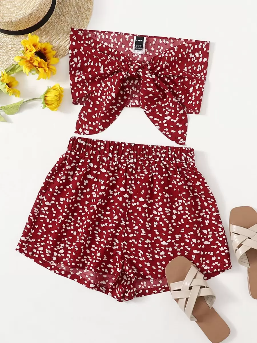 Soleia Tie Front Allover Tube Top & Shorts Set - Burgundy - View 1