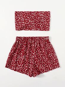 Soleia Tie Front Allover Tube Top & Shorts Set - Burgundy - View 2