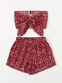Soleia Tie Front Allover Tube Top & Shorts Set - Burgundy - View 3