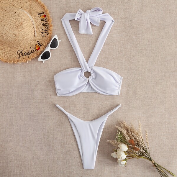 

Ring Linked Halter Thong Bikini Swimsuit, White