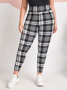 Mulvari Plus Buttoned Waistband Plaid Trousers - Black and White - View 1