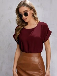 SHEIN LUNE Solid Rolled Sleeve Blouse - Burgundy - View 1