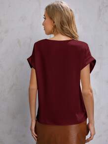 SHEIN LUNE Solid Rolled Sleeve Blouse - Burgundy - View 2