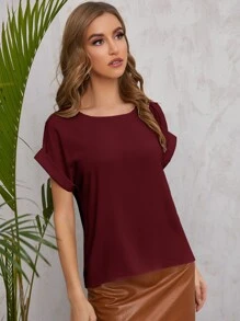 SHEIN LUNE Solid Rolled Sleeve Blouse - Burgundy - View 3