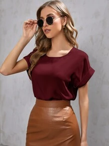 SHEIN LUNE Solid Rolled Sleeve Blouse - Burgundy - View 5