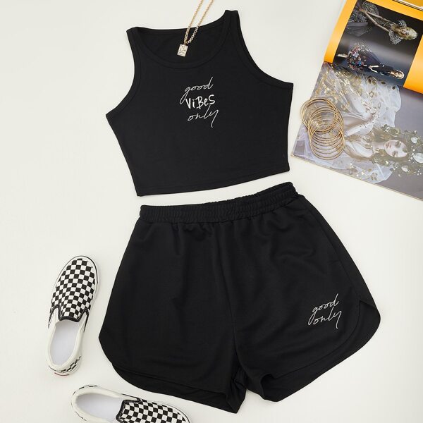 

Slogan Graphic Tank Top & Track Shorts Set, Black