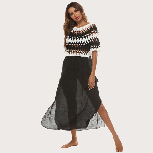 

Contrast Crochet Split Hem Sheer Cover Up, Black