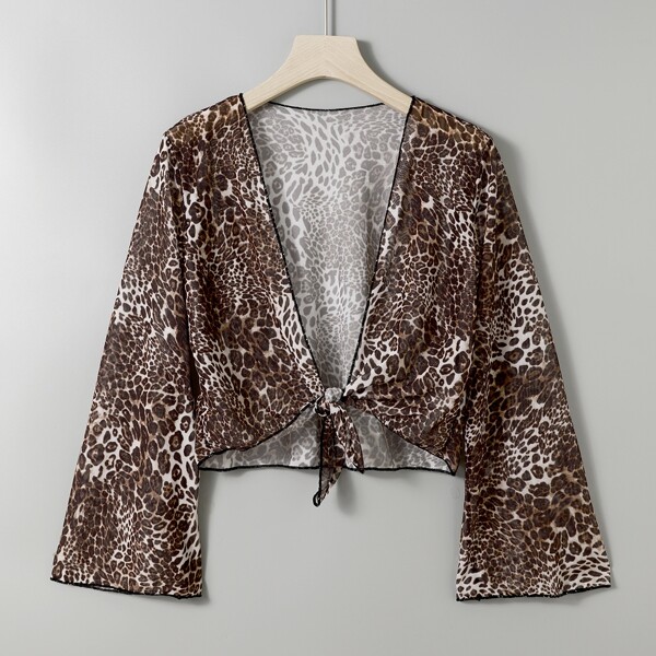 

Leopard Mesh Knot Front Kimono, Brown