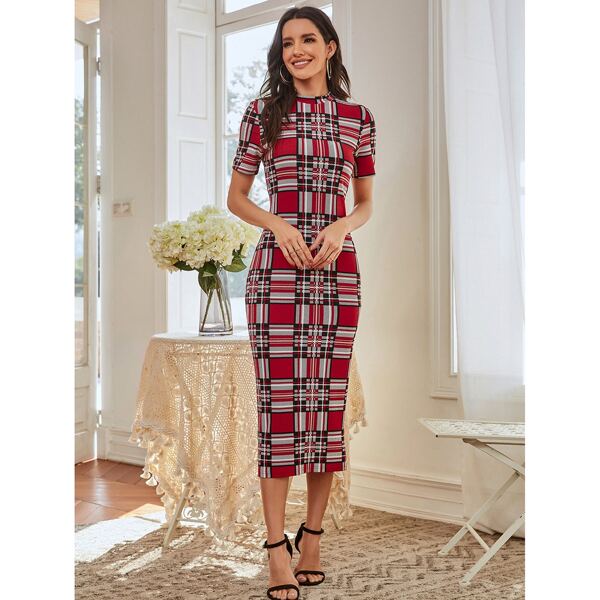 

Mock Neck Plaid Fitted Dress, Multicolor