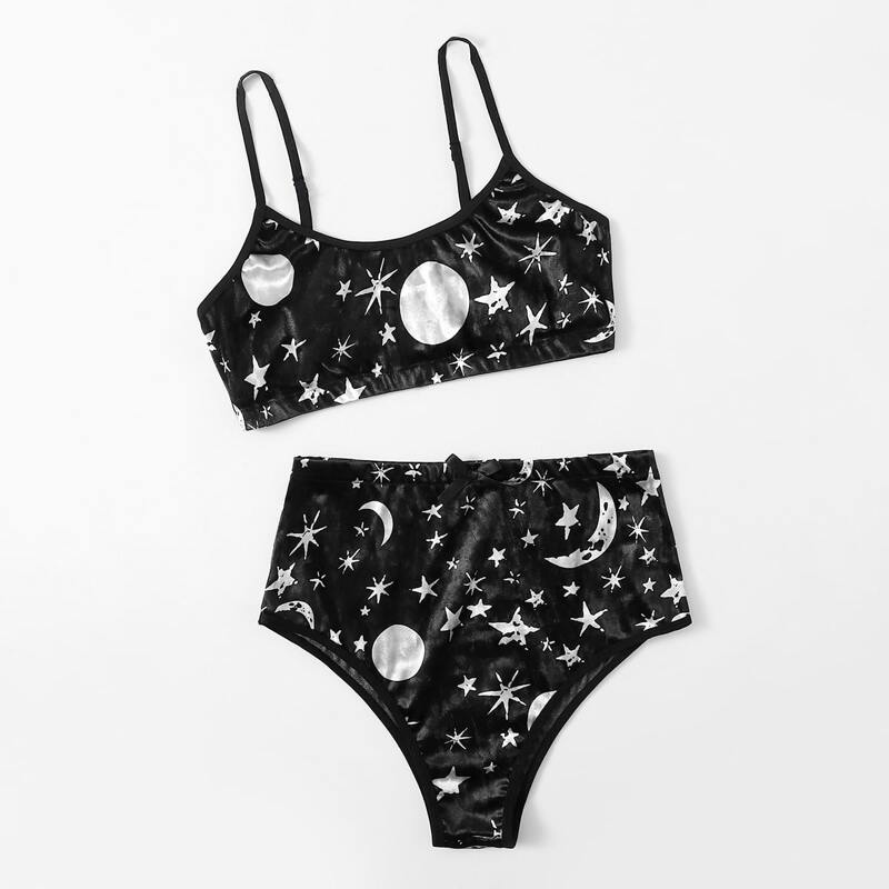 

Galaxy Print High Waist Lingerie Set, Black