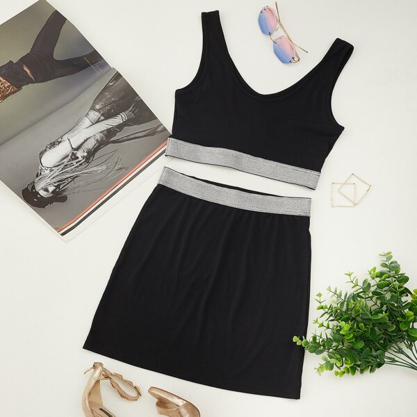 

Tape Hem Crop Tank Top & Skirt Set, Black