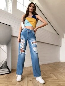 Tops Denim Bất đối xứng Khối Màu Gợi cảm - Nhiều màu - Xem 3
