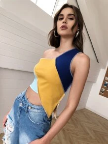 Tops Denim Bất đối xứng Khối Màu Gợi cảm - Nhiều màu - Xem 5