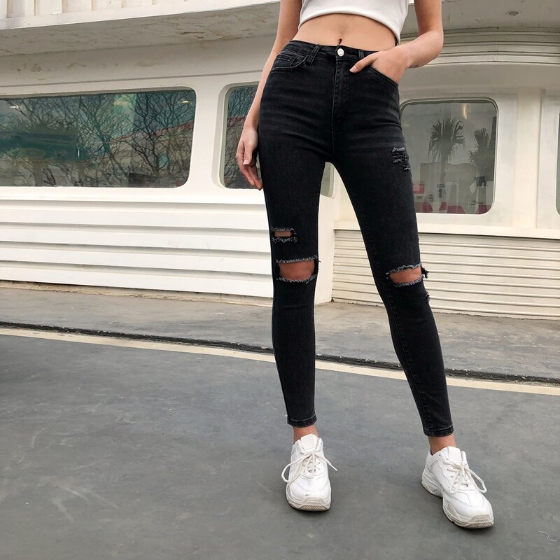 

High Waist Ripped Skinny Jeans, Black