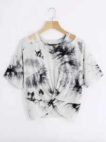 大碼扭結下擺紮染圖案T恤