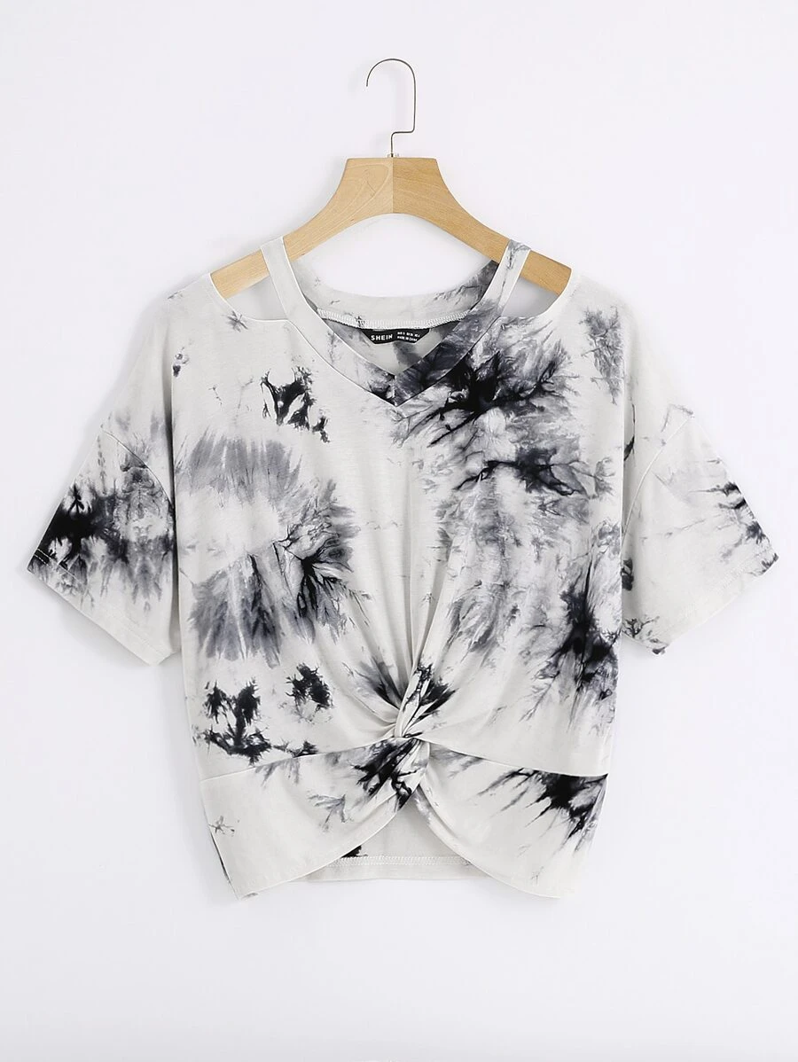 大碼扭結下擺紮染圖案T恤