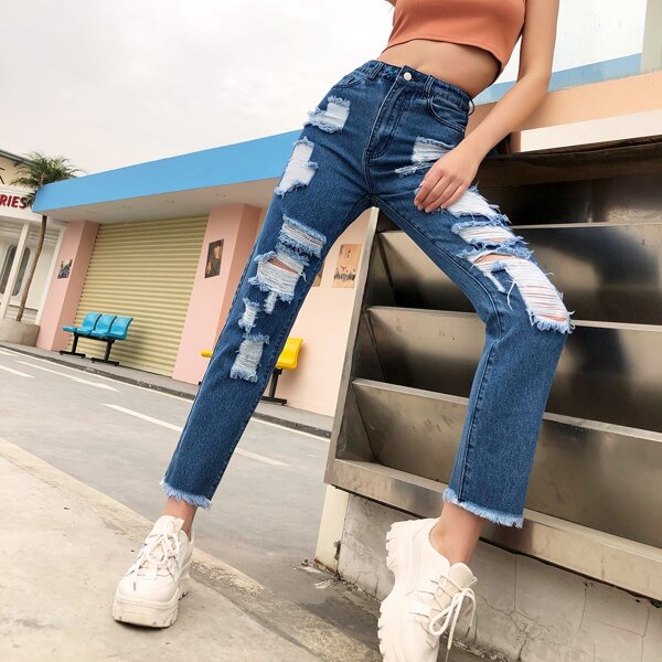 

High Waist Ripped Straight Leg Jeans, Dark wash