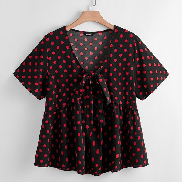 

Plus Polka Dot Knot Babydoll Blouse, Multicolor