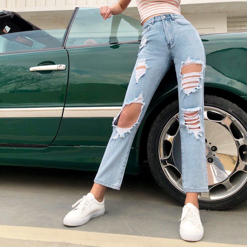 

High Waist Ripped Straight Leg Jeans, Light wash