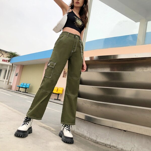 

High Waist Flap Pocket Cargo Jeans, Army green