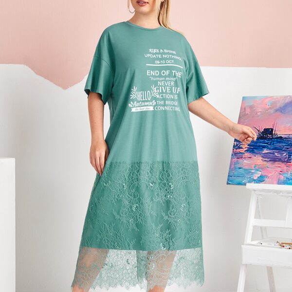 

Plus Drop Shoulder Slogan Graphic Lace Hem Dress, Green
