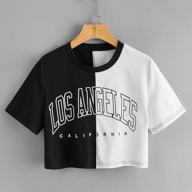 

Two Tone Letter Graphic Crop Tee, Black and white