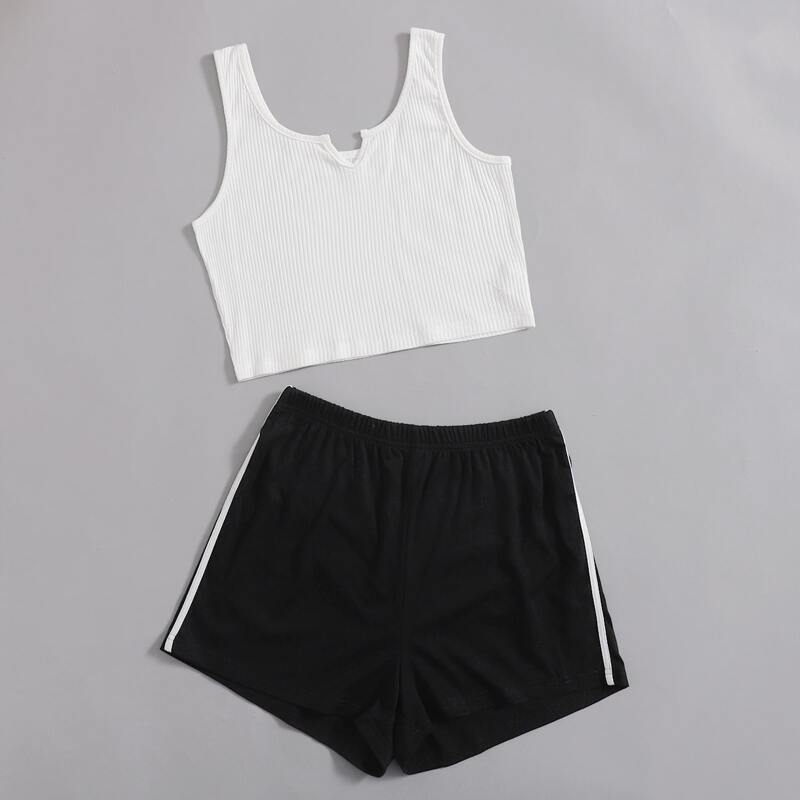 

Solid Notched Ribbed Tank Top & Striped Side Shorts, Black and white