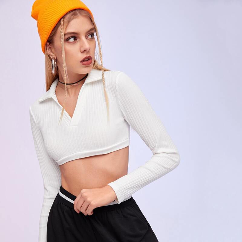 

Solid Ribbed Collar Crop Tee, White