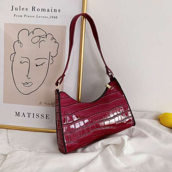 

Croc Embossed Shoulder Bag, Red violet