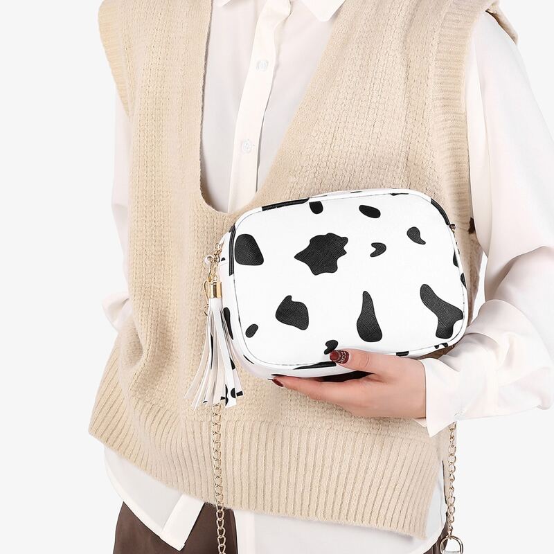 

Tassel Decor Cow Pattern Crossbody Bag, Black and white